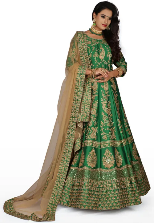 Hand Embroidered Pure Silk Gown in Green
