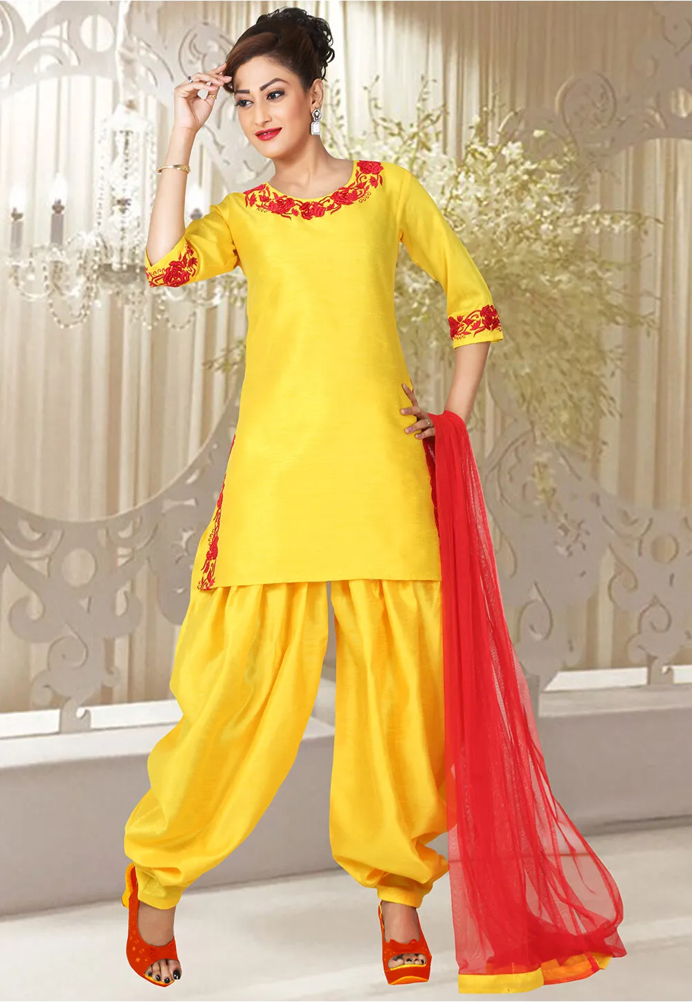 Embroidered Pure Silk Patiala Suit in Yellow