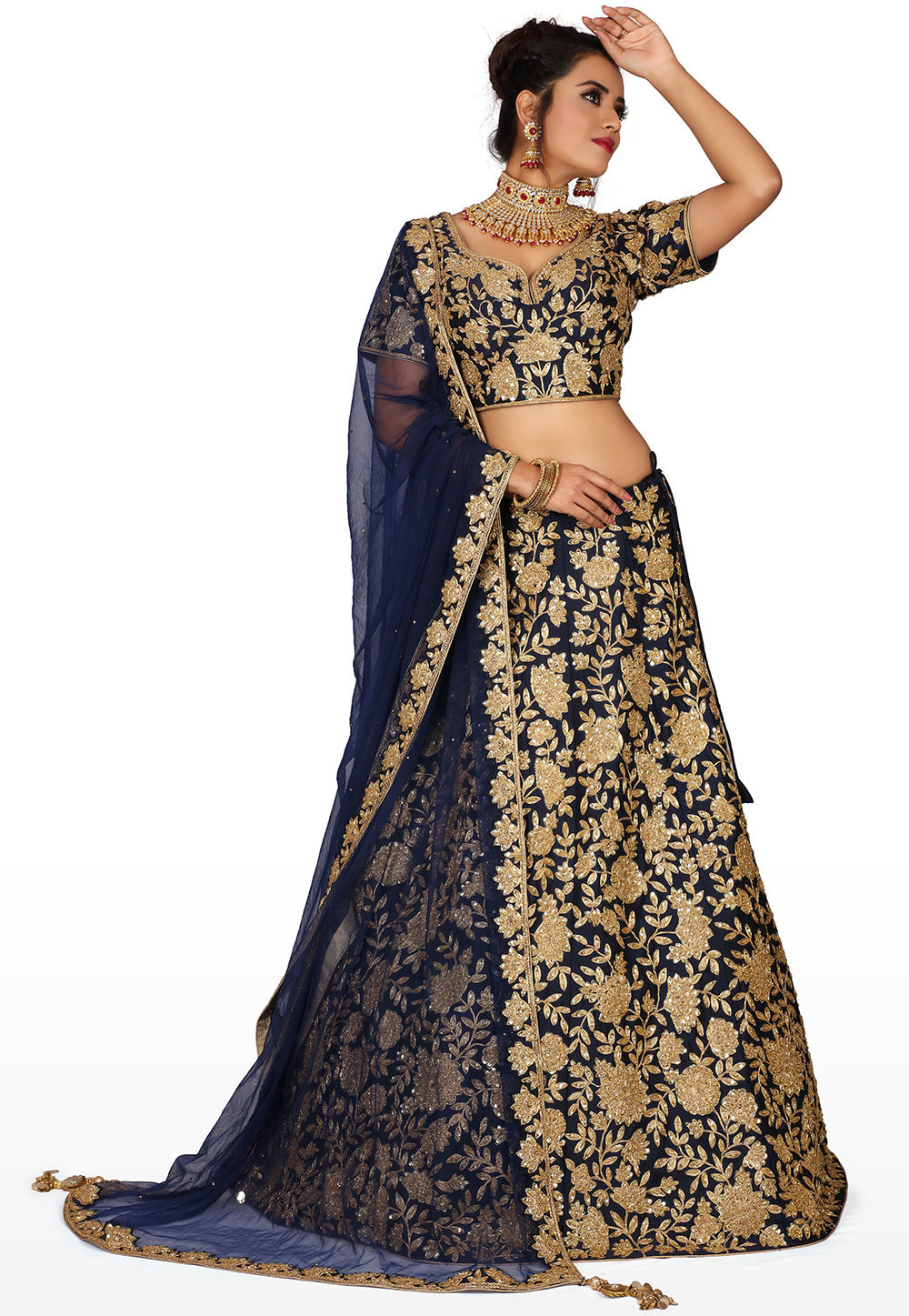 Pure Silk Hand Embroidered Lehenga in Navy Blue