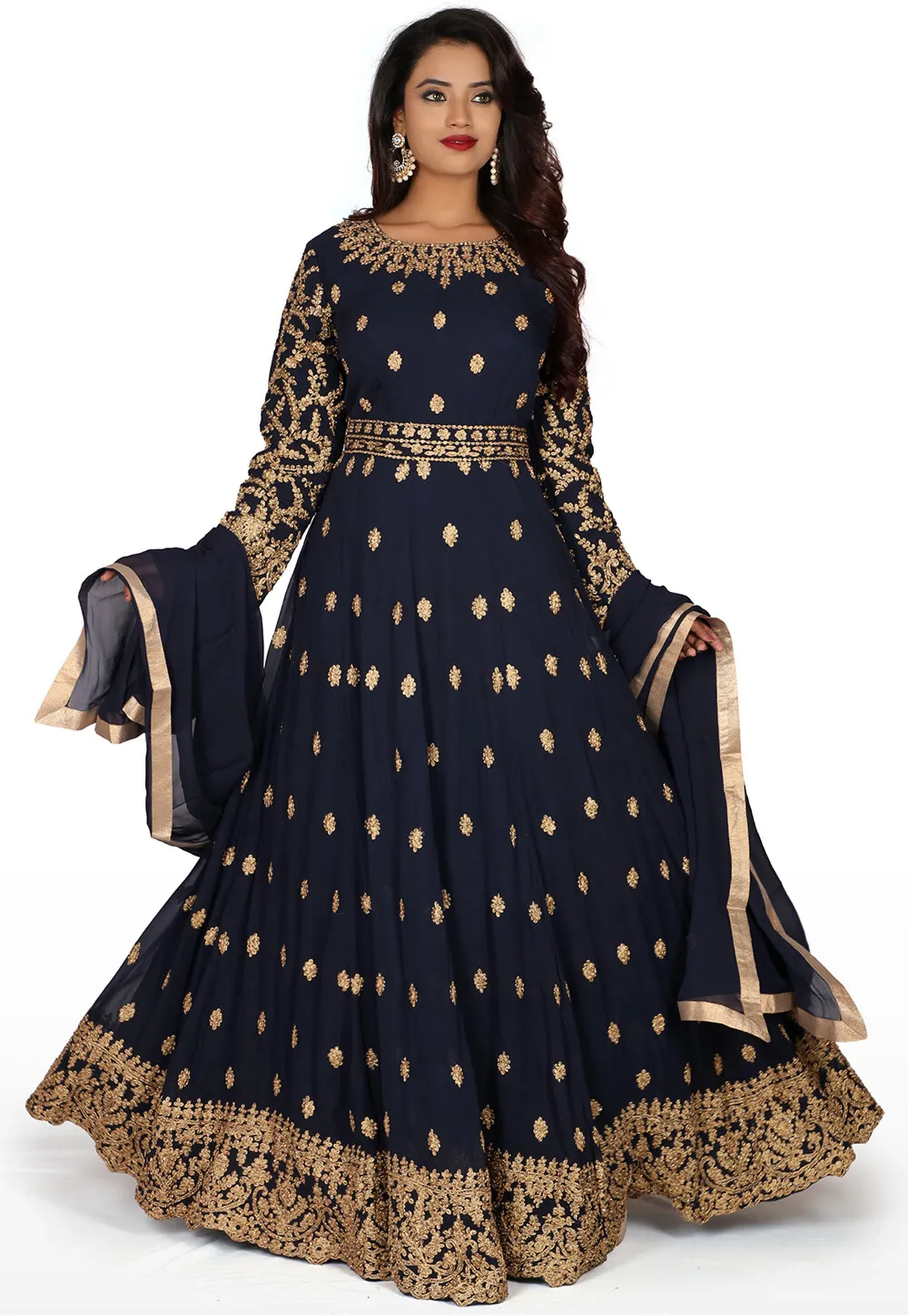 Hand Embroidered Pure Georgette Gown in Navy Blue