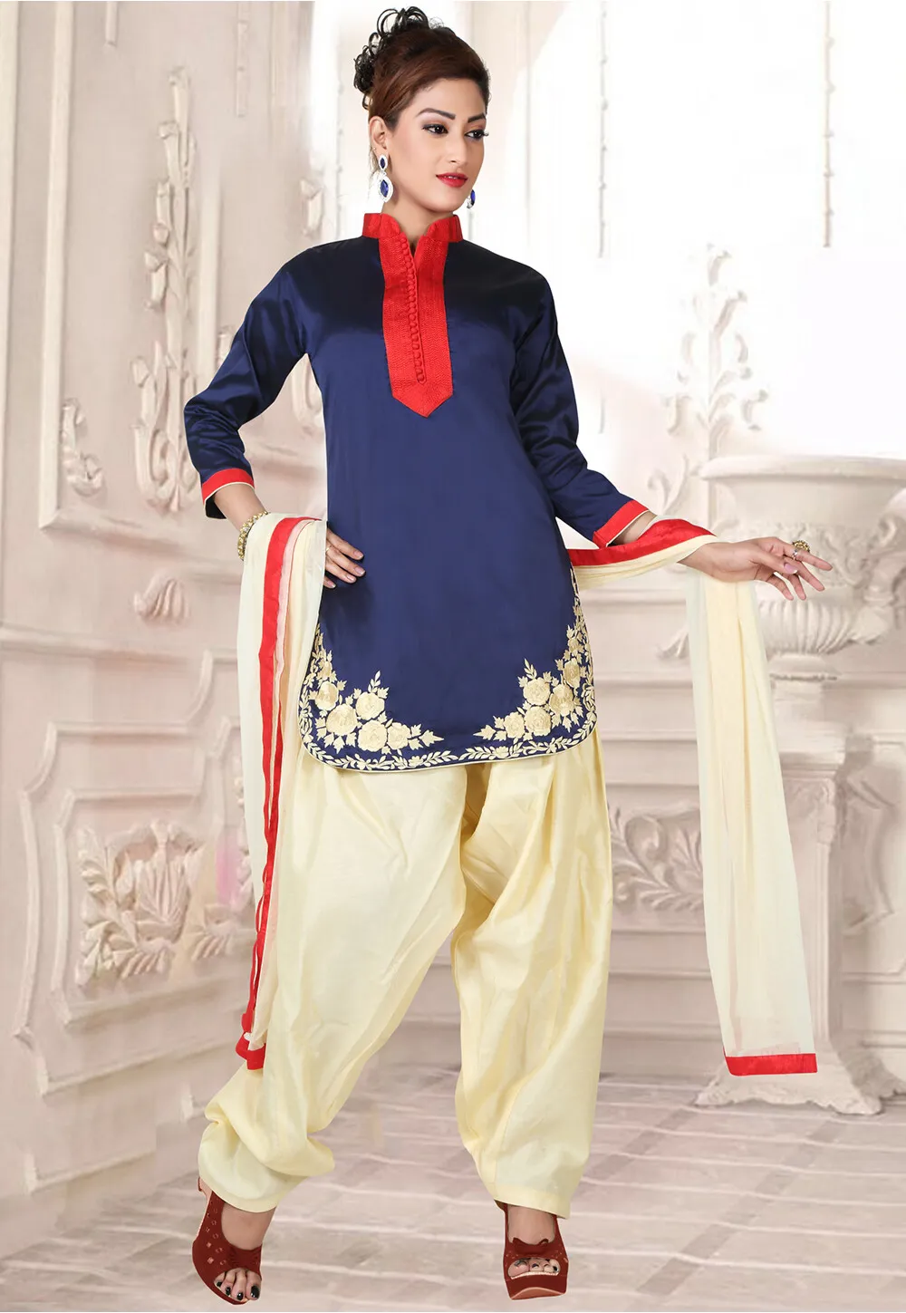 Embroidered Satin Silk Patiala Suit in Navy Blue