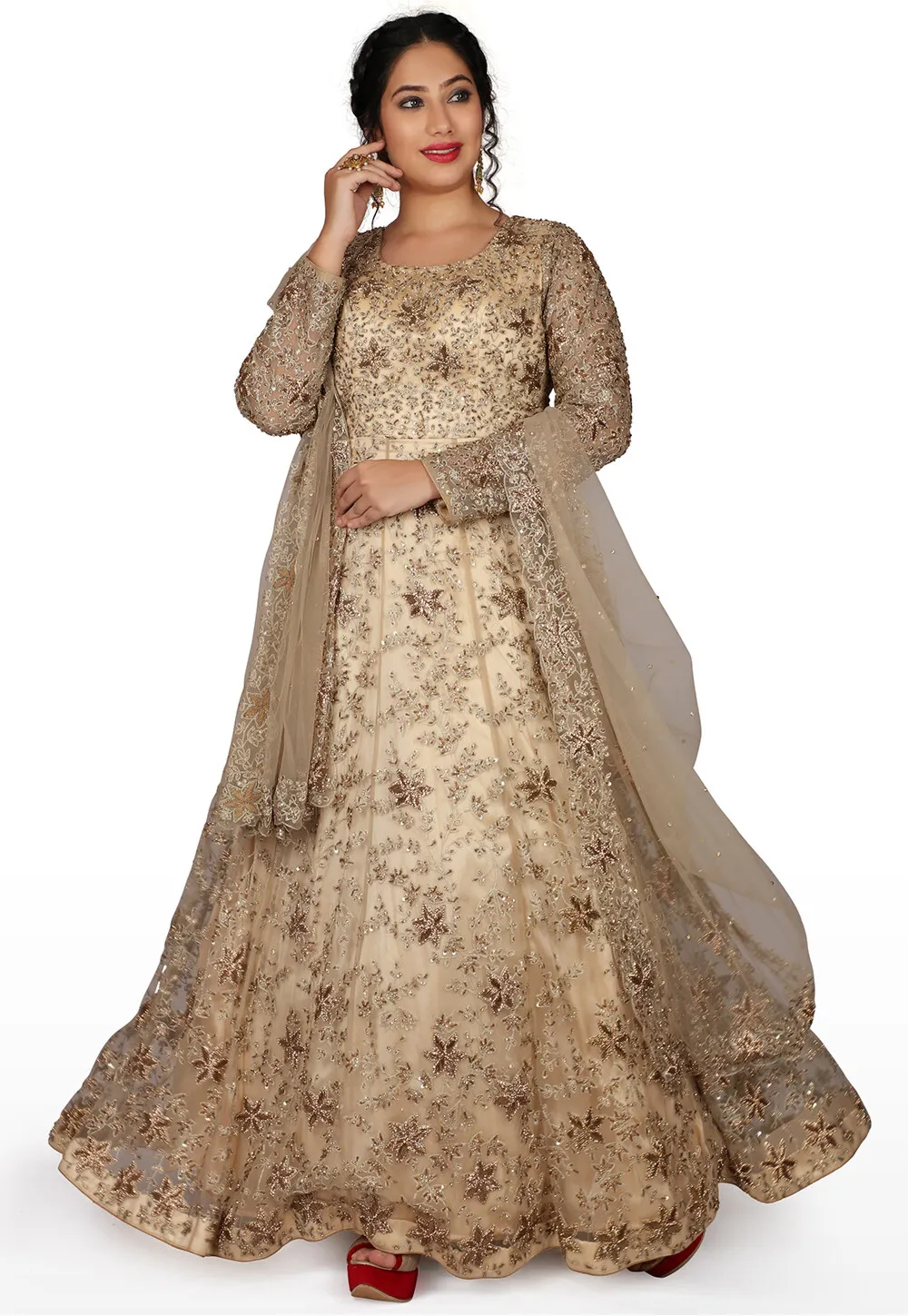 Hand Embroidered Net Gown in Light Beige