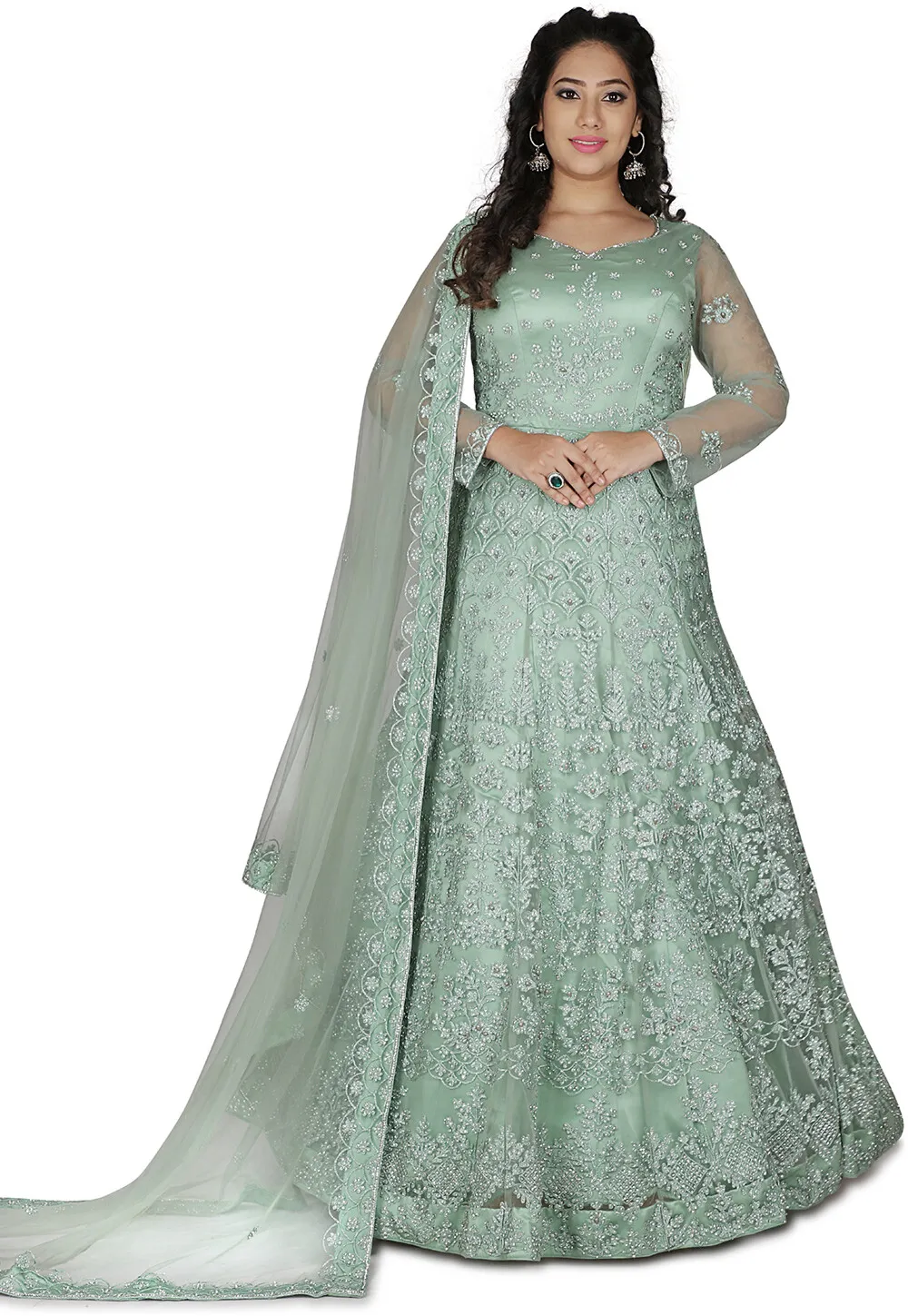 Hand Embroidered Net Gown in Pastel Green