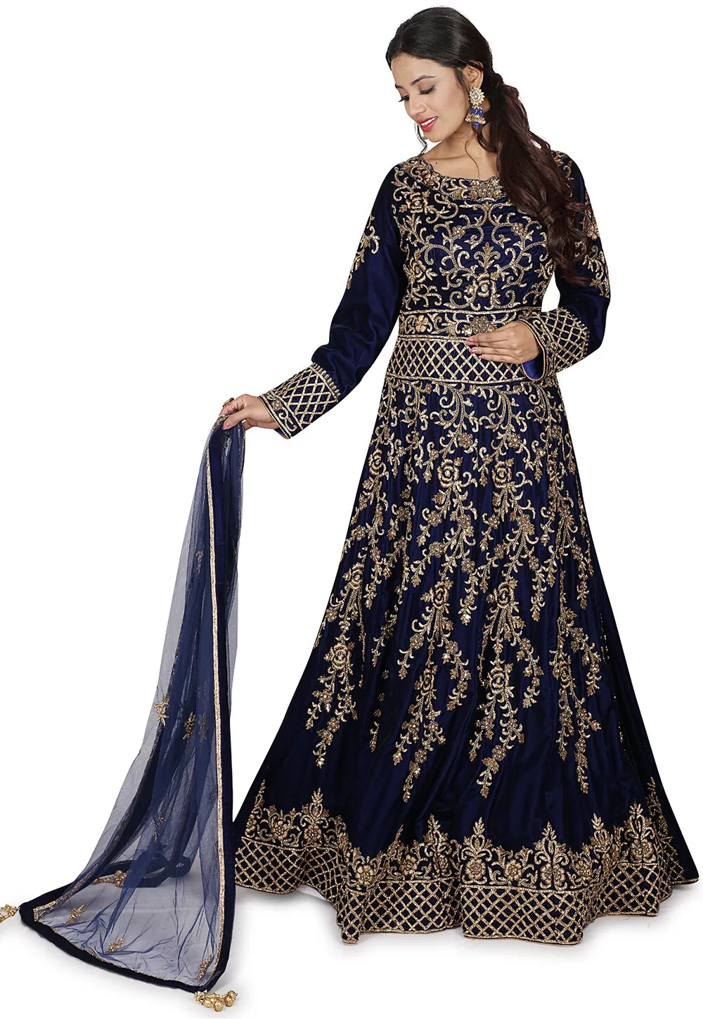 Hand Embroidered Velvet Gown in Navy Blue