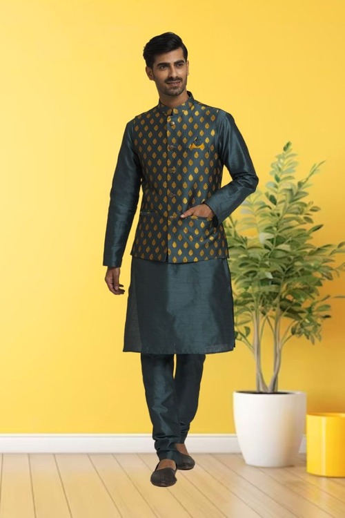 Brown Dupion Silk Plain Full Sleeve Kurta And Dhoti Set With Brocade Jacket For Men