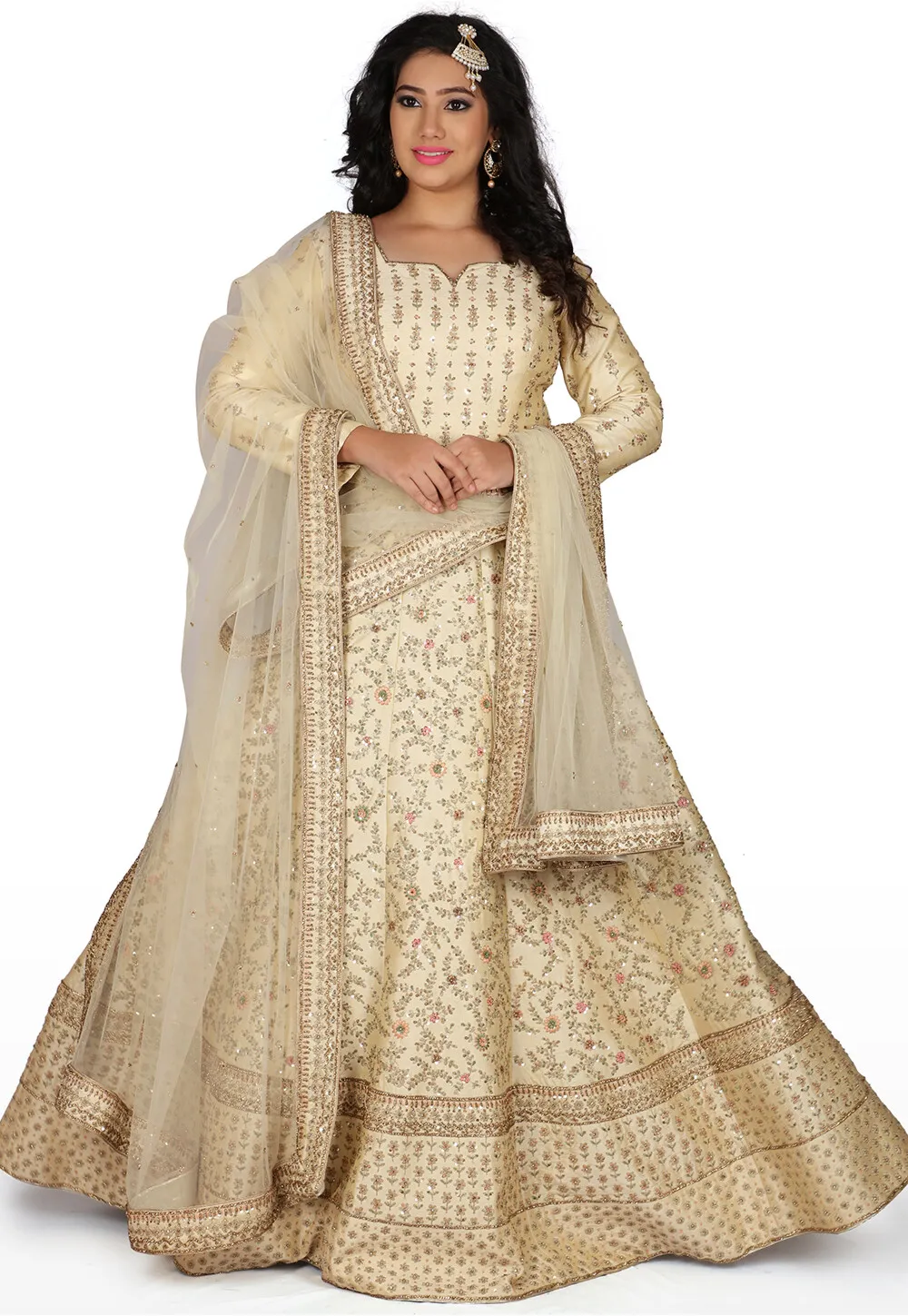 Hand Embroidered Pure Silk Gown in Light Beige