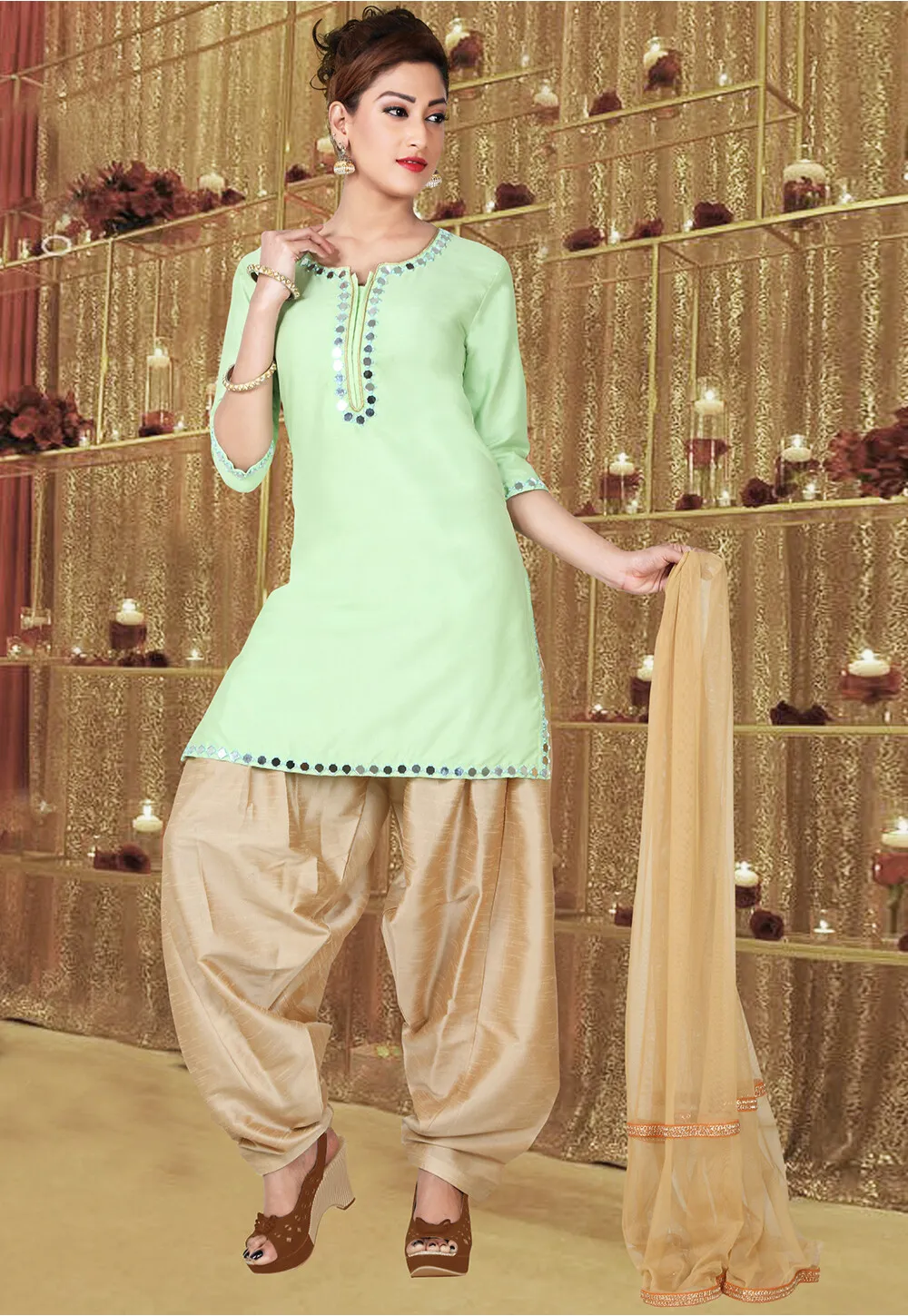 Embroidered Pure Georgette Patiala Suit in Light Green