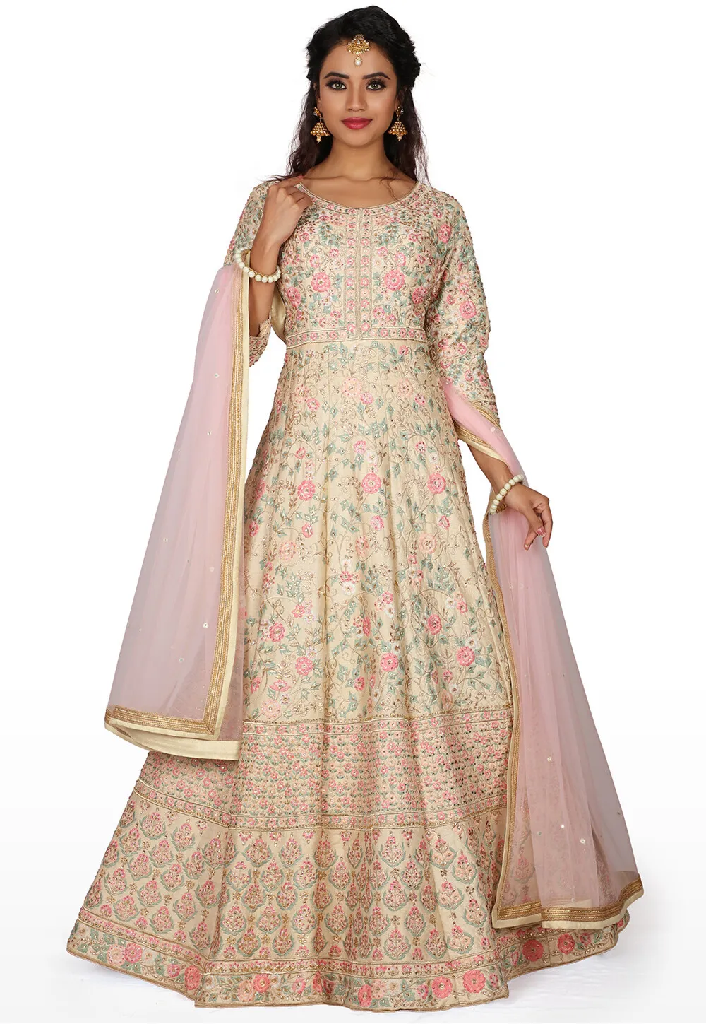 Embroidered Pure Silk Gown in Light Beige