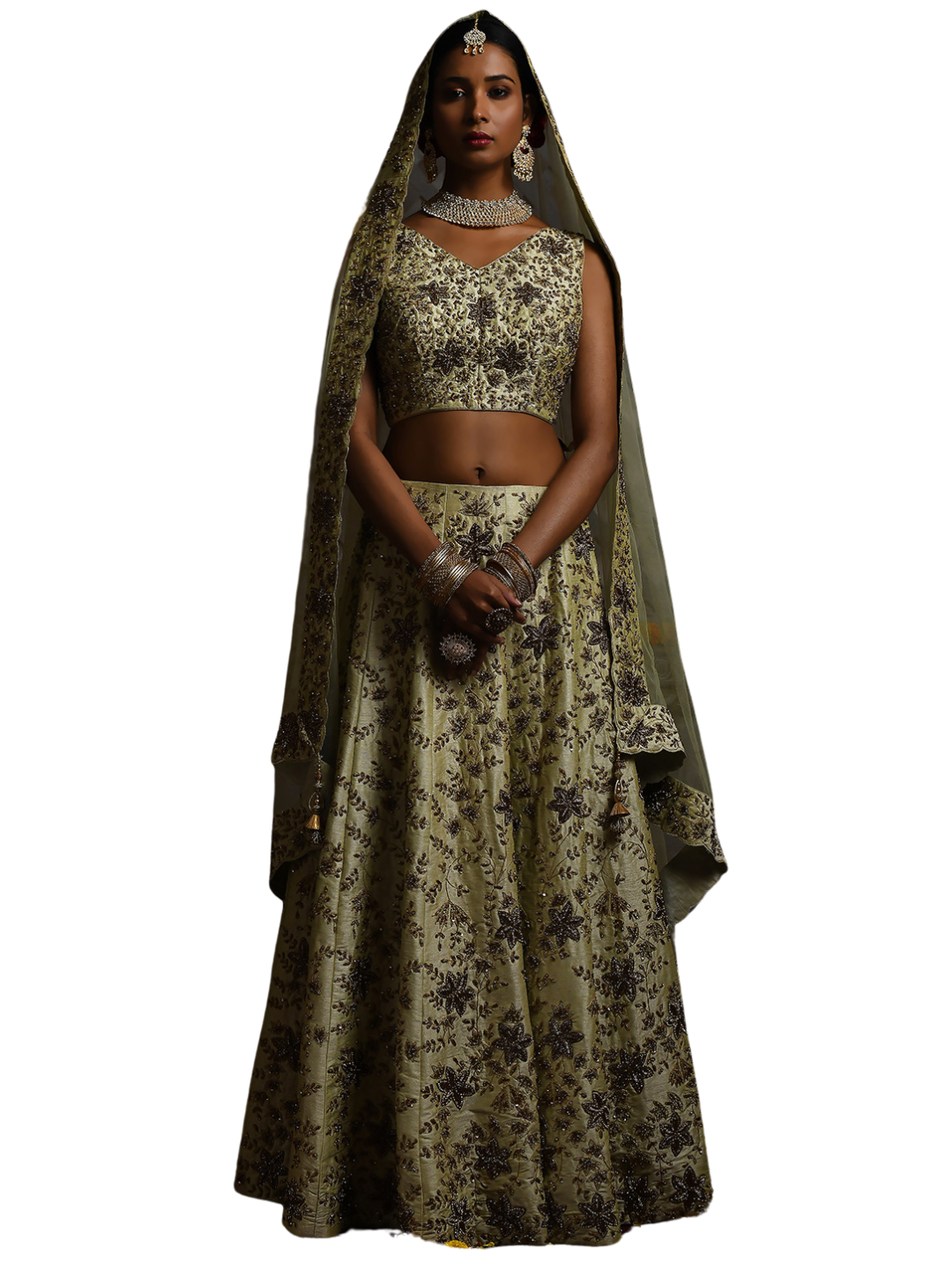 Pure Silk Lehenga Hand Embroidered in Pastel Green