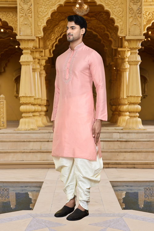 Men's Wear Pink Art Silk Dhoti Kurta