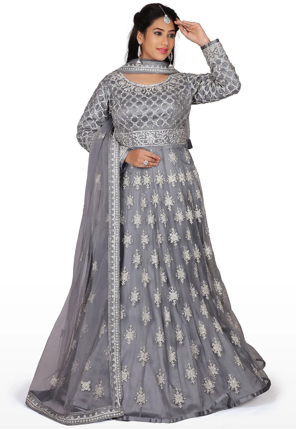 Hand Embroidered Net Gown in Grey