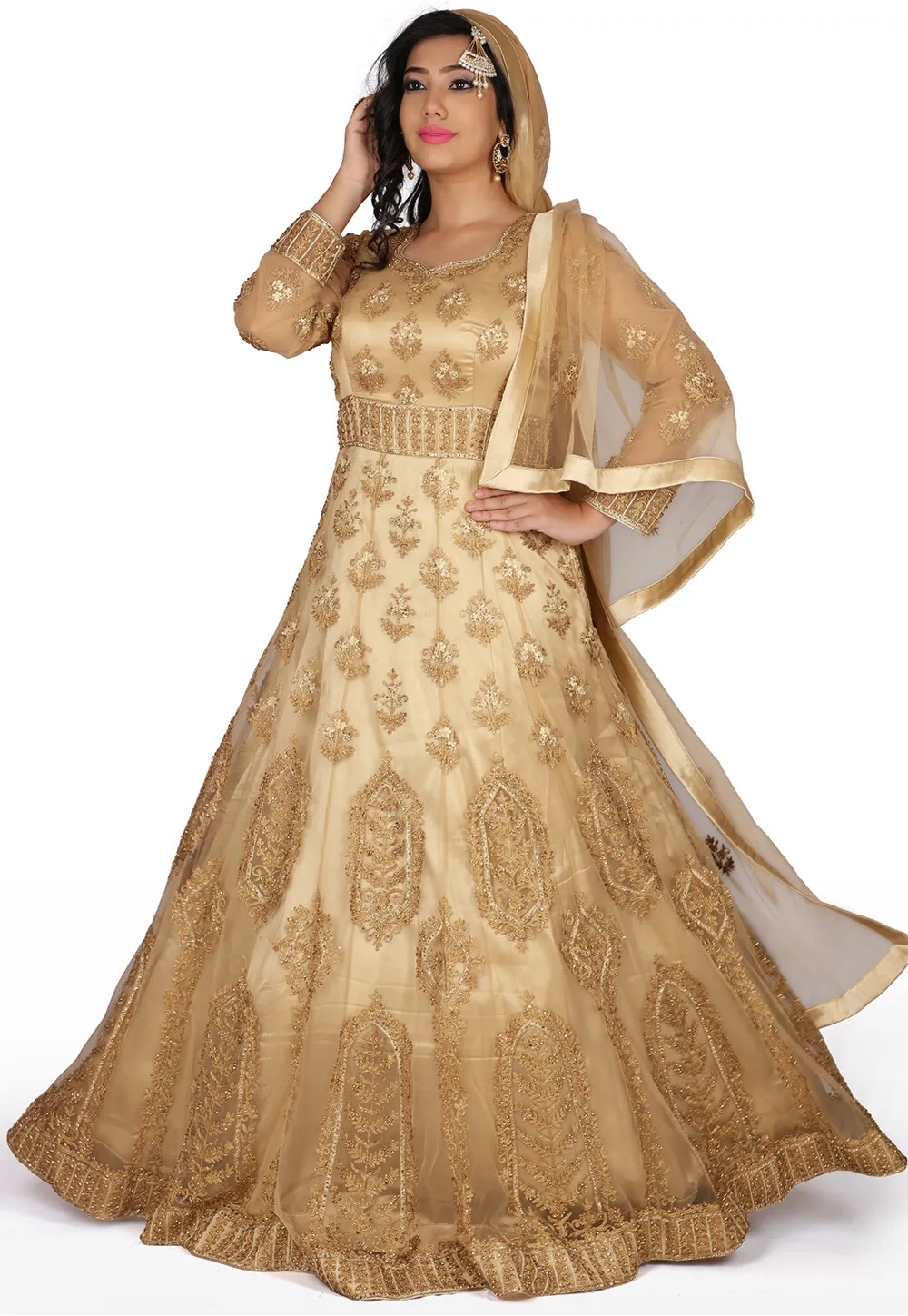 Hand Embroidered Net Gown in Beige