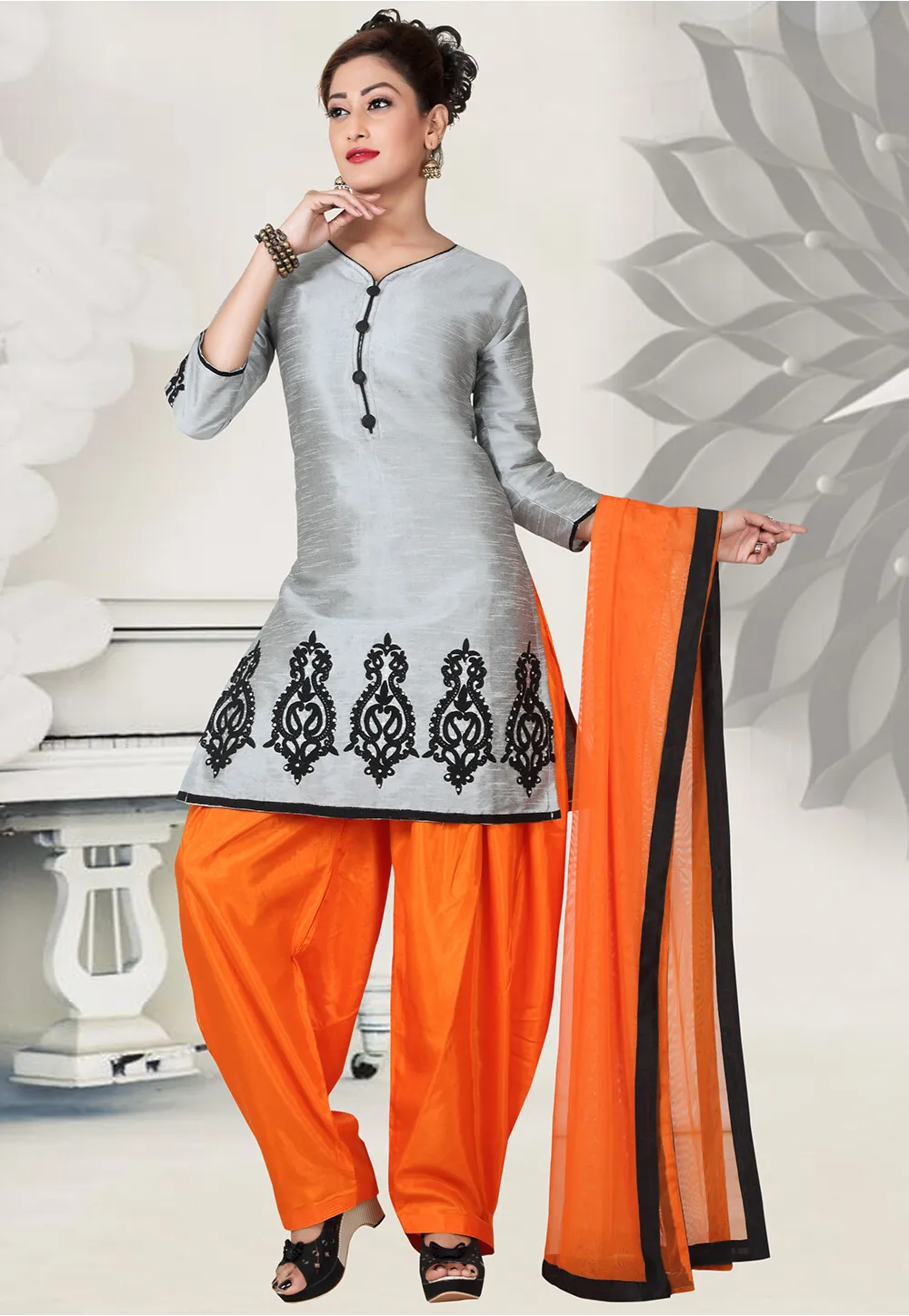 Embroidered Pure Silk Patiala Suit in Light Grey