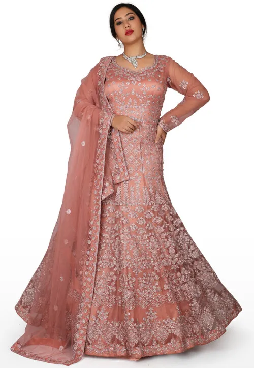 Hand Embroidered Net Gown in Peach