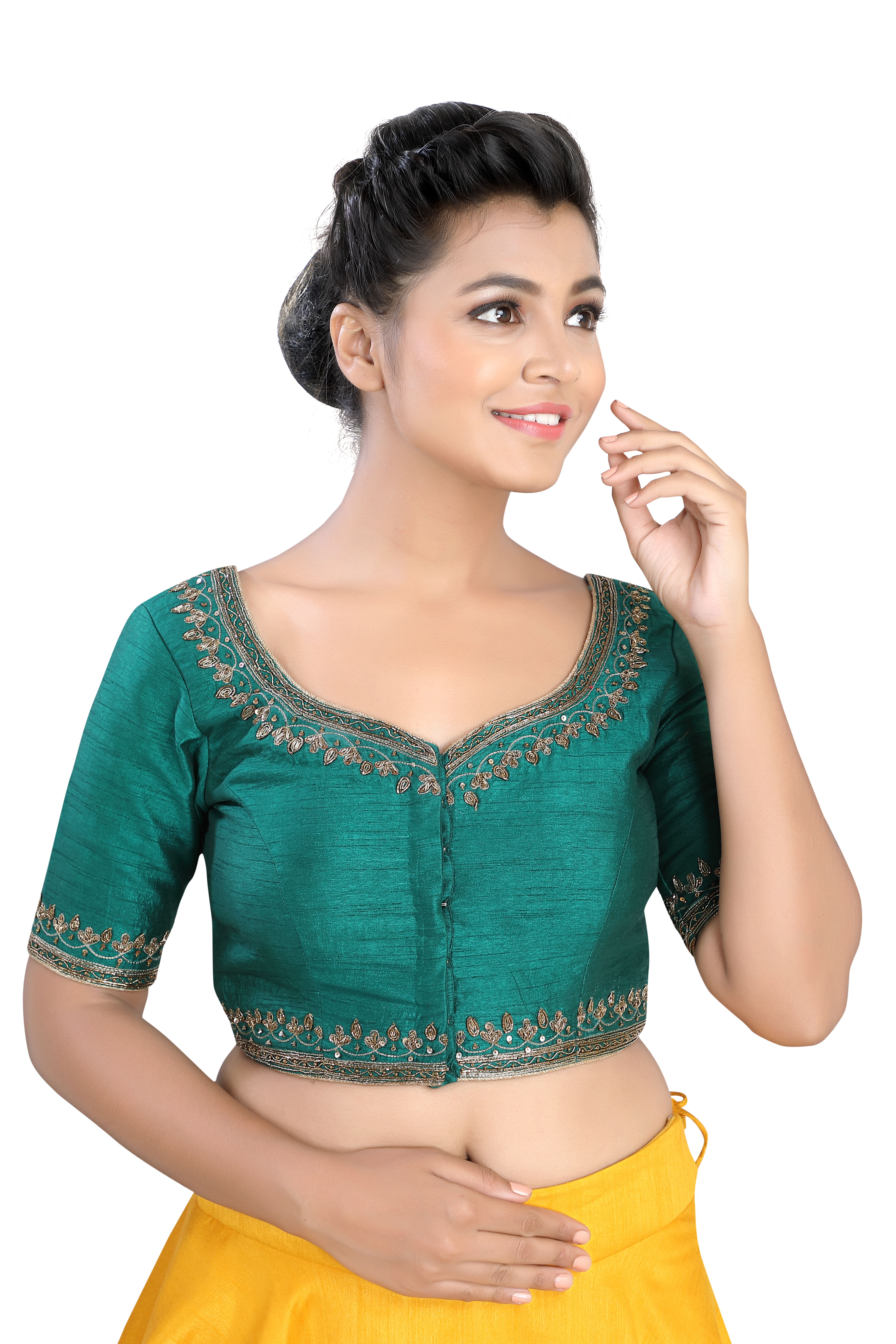 Silk Green Zardosi Traditional Blouse Elbow Sleeve.