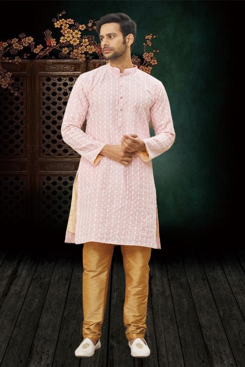 MEN'S PINK EMBROIDERED KURTA PAJAMA