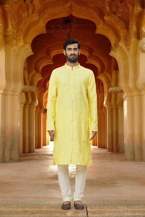 Men's Yellow Embroidered Kurta Pajama