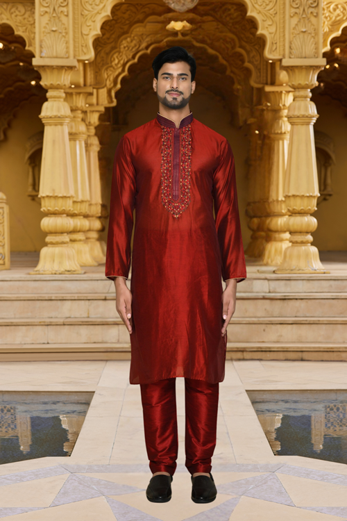 Men's Maroon Embroidered Kurta Churidar