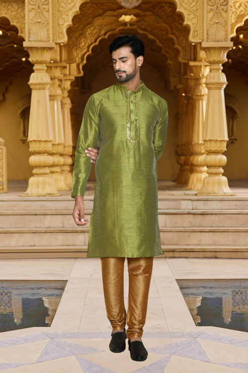 Men's Green Embroidered Kurta Churidar