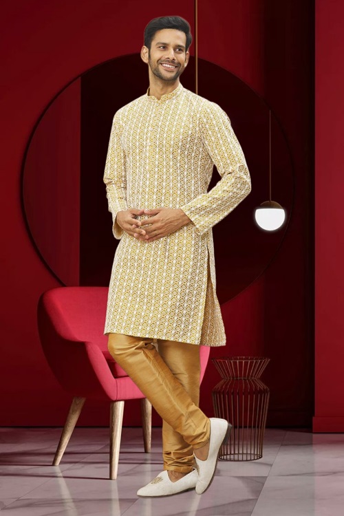 MEN'S LIGHT YELLOW EMBROIDERED KURTA PAJAMA