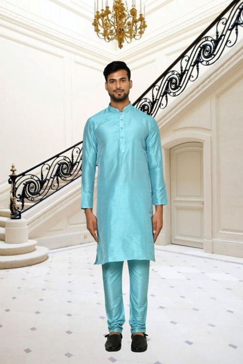 Sky Blue Dupion Silk Plain Full Sleeve Kurta And Churidar Set For Men