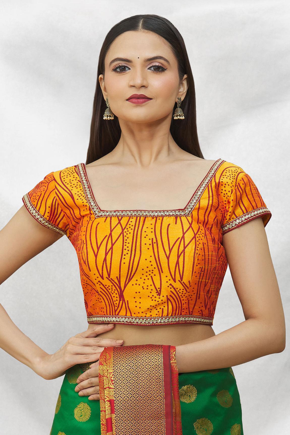 Orange Art Silk Blouse With Printed For Women's