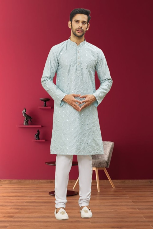 MEN'S SKY BLUE EMBROIDERED KURTA PAJAMA