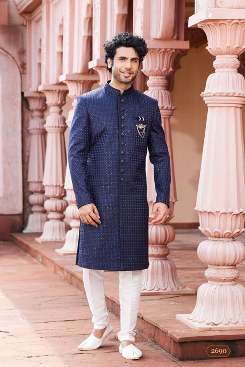 Men's Blue Woven Sherwani