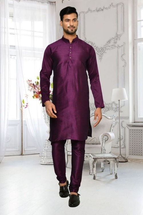 Purple Dupion Silk Plain Full Sleeve Kurta And Churidar Set For Men