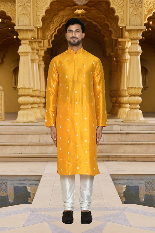 Men's Orange Embroidered Kurta Churidar