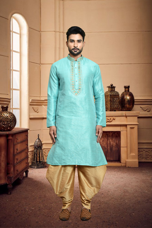 Men's Light Blue Art Silk Dhoti Kurta