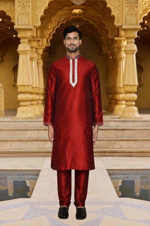 Men's Maroon Embroidered Kurta Churidar