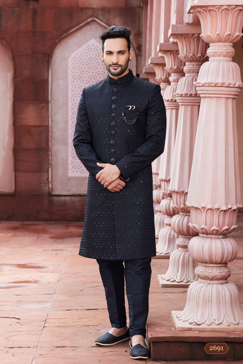 Men's Black Woven Sherwani