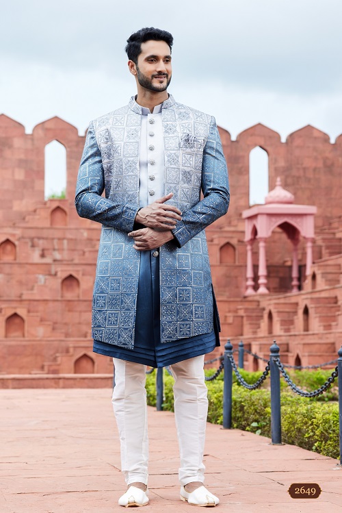 Refined Men's Blue Computer Thread Work Art Silk Sherwani Set