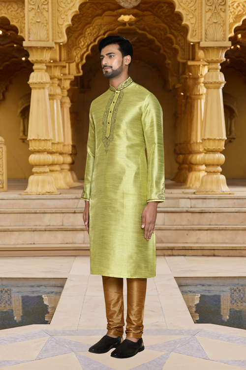 Men's Yellow Embroidered Kurta Churidar