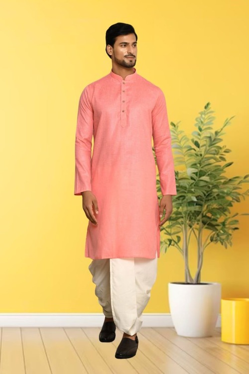 Peach Plain Cotton Full Sleeve Kurta And Dhoti Set For Men