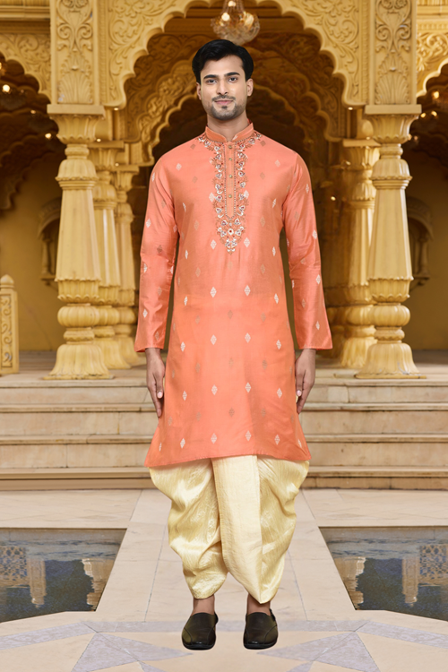 Men's Wear Orange Art Silk Dhoti Kurta