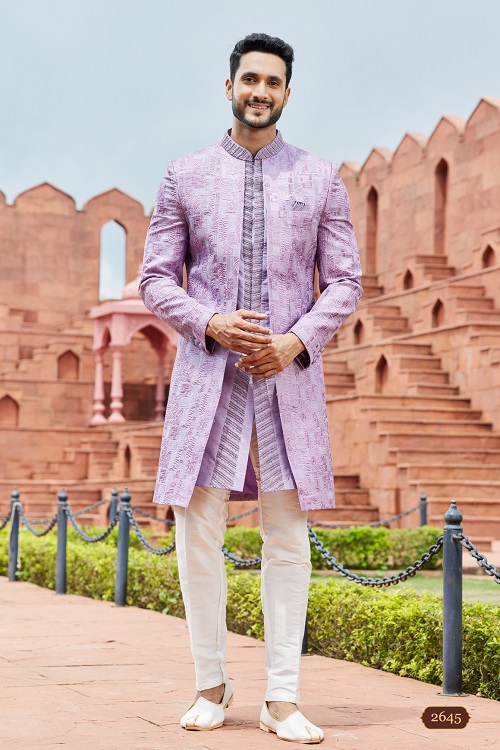 Royal Purple Computer Thread Work Art Silk Men's Sherwani Set