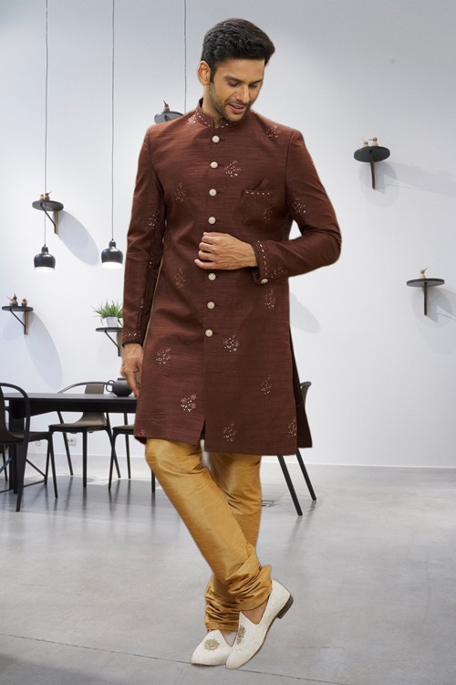 MEN'S BROWN EMBROIDERED SHERWANI