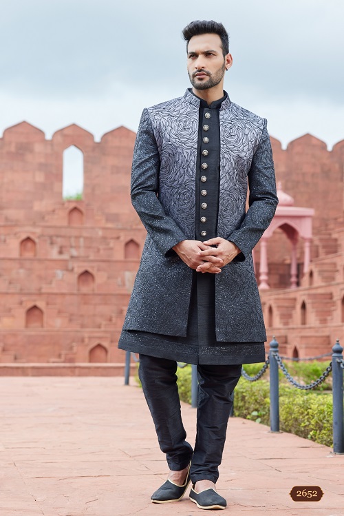 Contemporary Men's Grey Computer Thread Work Art Silk Sherwani Set