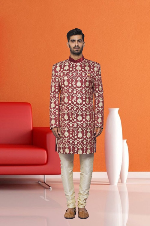 Men's Maroon Embroidered Sherwani