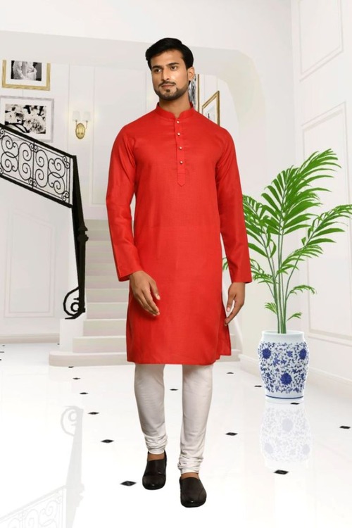 Red Plain Cotton Full Sleeve Kurta And Churidar Set For Men