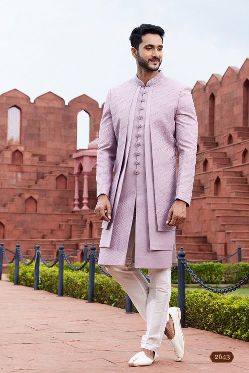 Regal Men's Purple Computer Thread Work Art Silk Sherwani Set