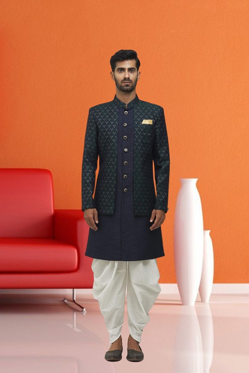 Men's Blue Printed Sherwani