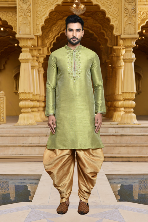 Men's Light Green Art Silk Dhoti Kurta