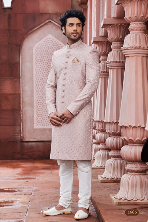 Men's Peach Embroidered Sherwani