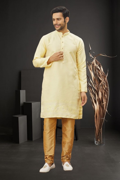 MEN'S LIGHT YELLOW PRINTED KURTA PAJAMA