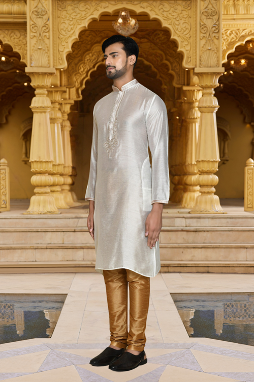 Men's White Embroidered Kurta Churidar