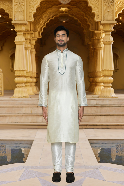 Men's White Woven Kurta Churidar