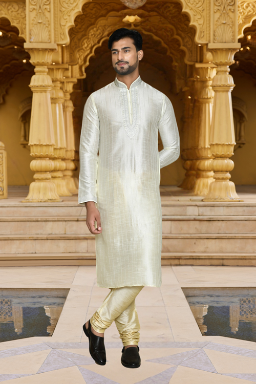 Men's White Embroidered Kurta Churidar